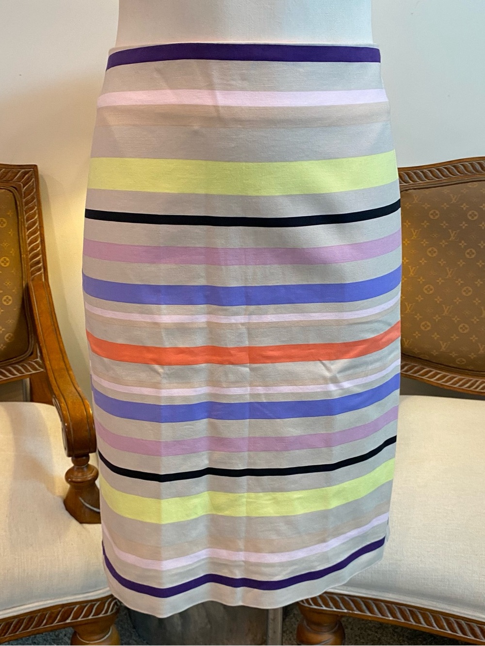 Lord & Taylor Colorful Striped Cotton Midi Pencil Skirt, Size 8 30" Waist